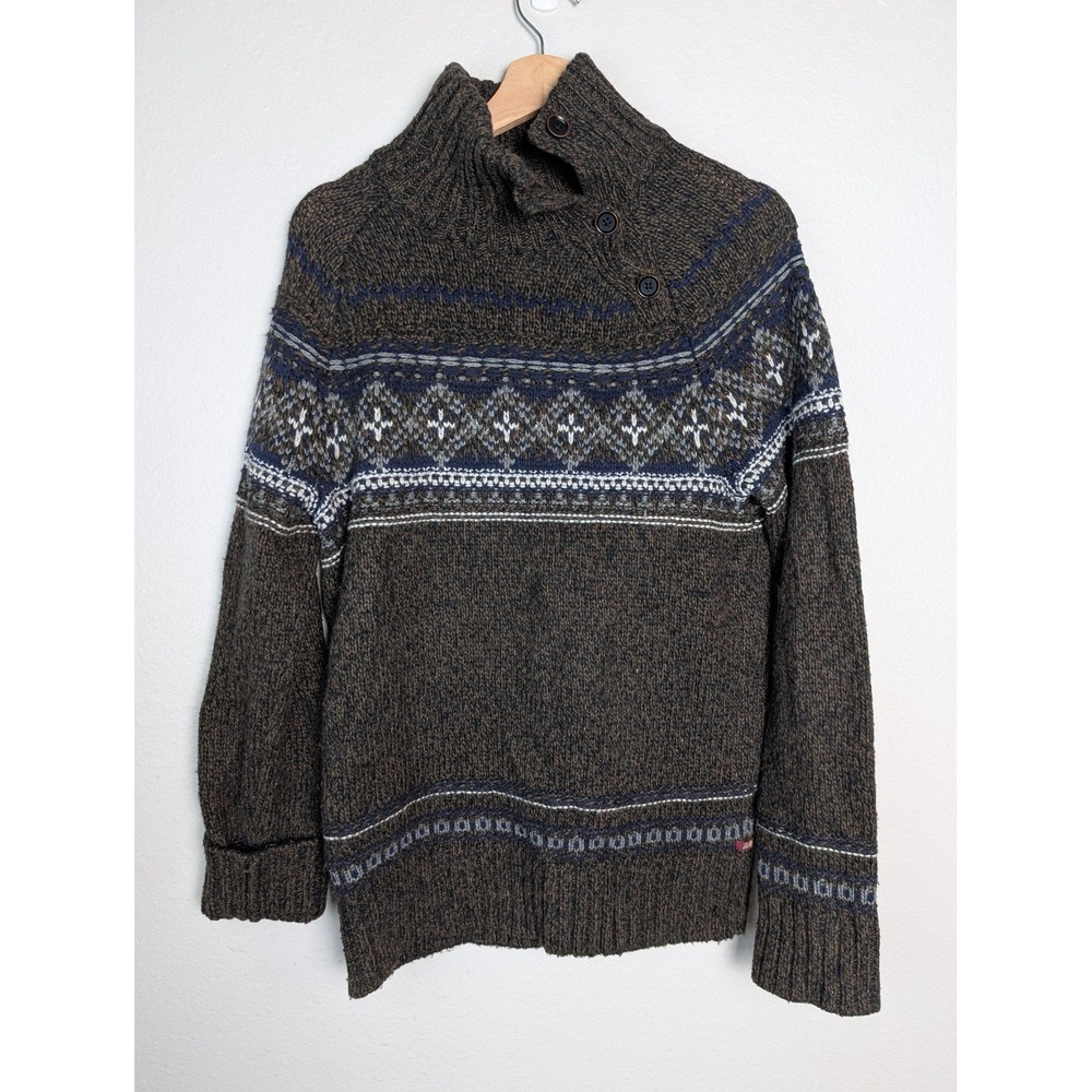 Banana Republic Sweater Mens Medium Brown Fair Isle Button Mock‎ Neck Pullover